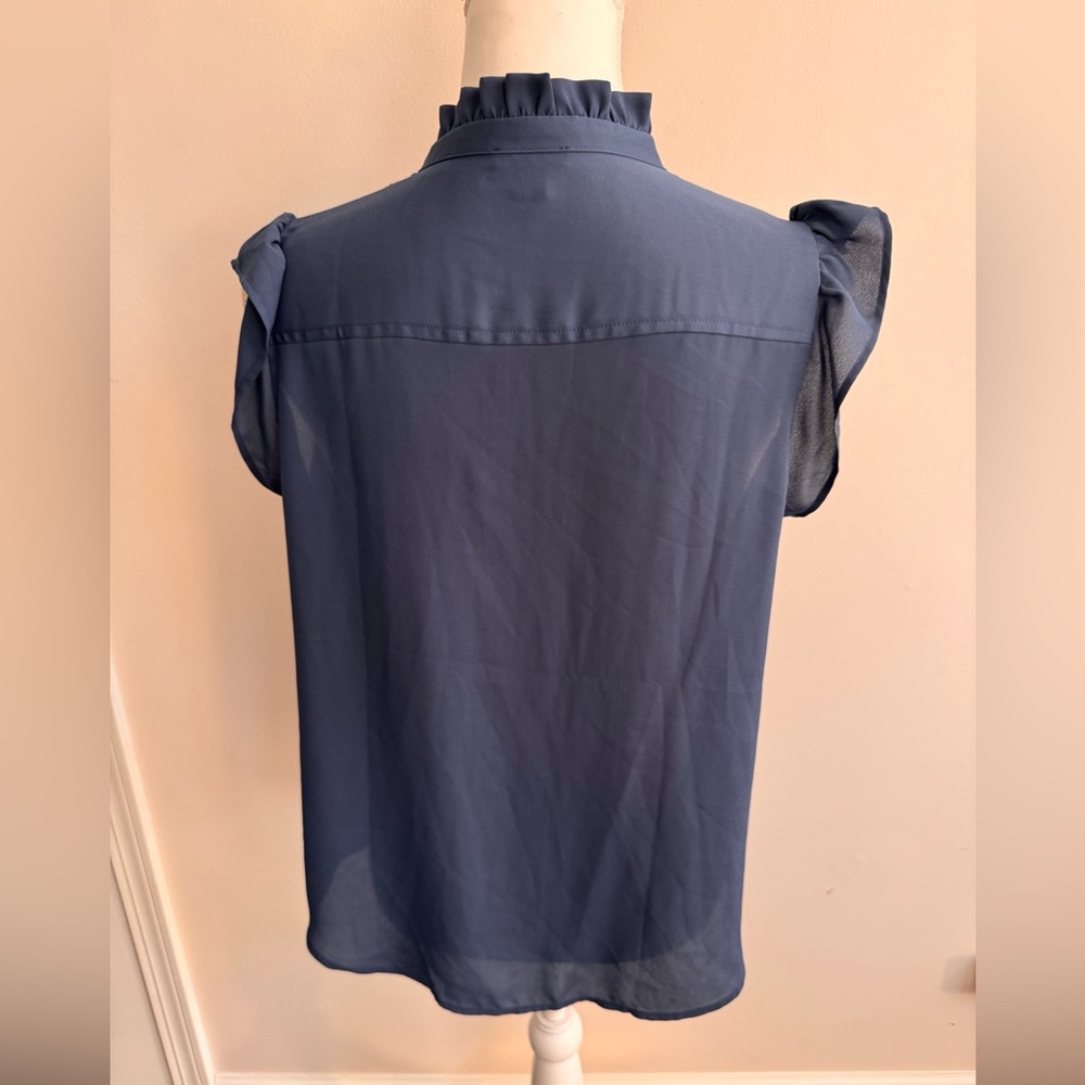 Ann Taylor Ruffled Short Sleeve Blue Blouse - Picture 3 of 7